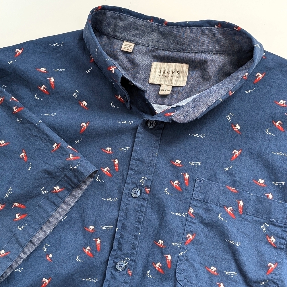 Jachs NY Men's Blue Short Sleeve Button-Up Shirt with Surfer Pattern ~ Size XL